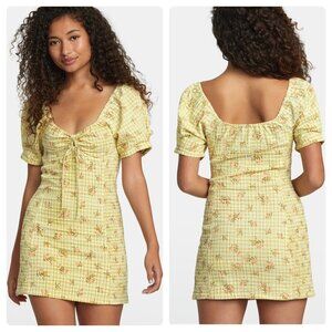 RVCA Gretel Linen Dress smocked bodycon floral yellow feminine summer medium
